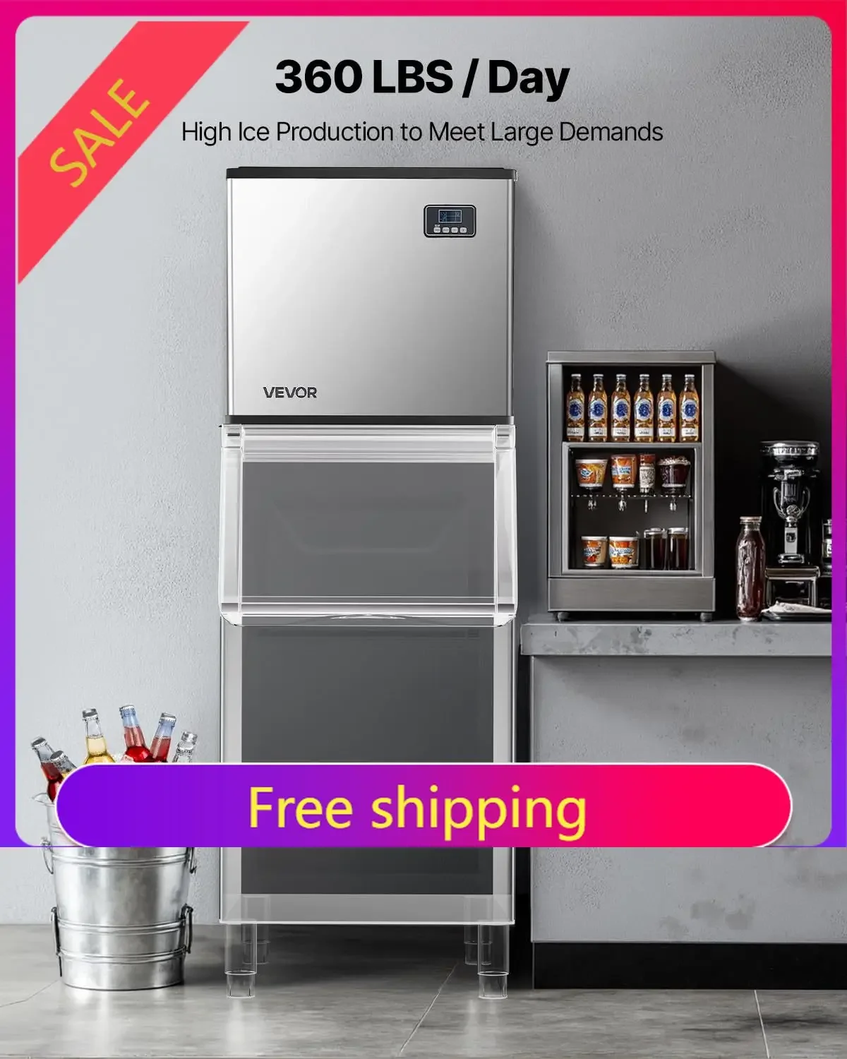 Commercial Ice Maker Machine - Head, 360 Lbs/Day Stainless Steel Ice Machine with Self-Cleaning, Scheduled Ice-Making, Adjustabl