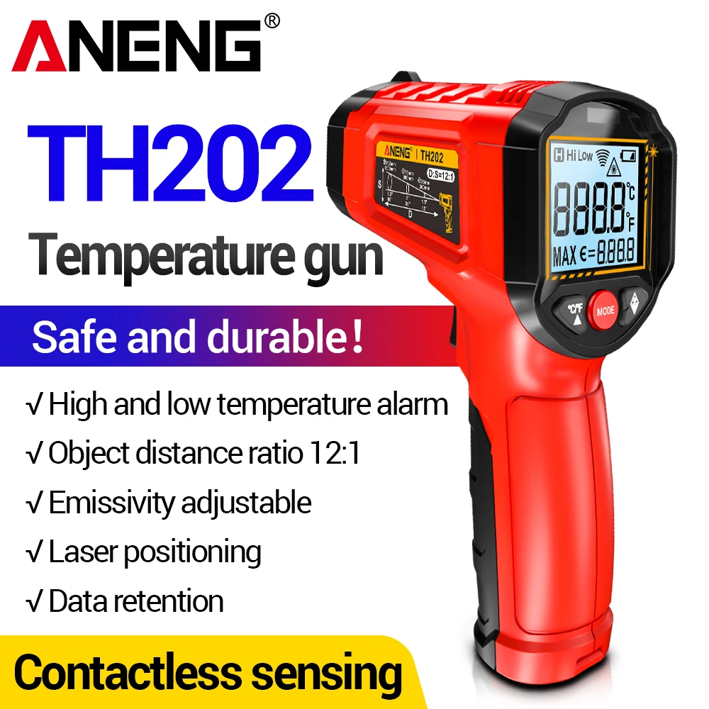 ANENG TH202 Thermometer Non Contact Hygrometer IR Laser Heat Handheld Temperature Gun LCD Backlit Display Screen Pyrometer