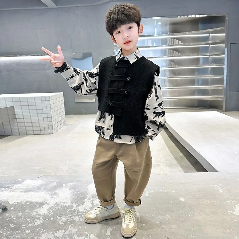 3 PCS set Spring Autumn Boy Clothing set Casual vest+ Shirt+ Pant Kid Children baby toddler boy korea designer clothes 2-10 year