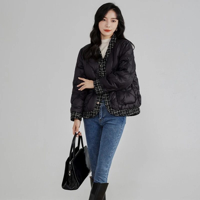 Autumn Winter Down Jacket V-Neck Patchwork Lightweight White Duck Down Coat Women Quilted Long Sleeve Top Design Clothing Trend