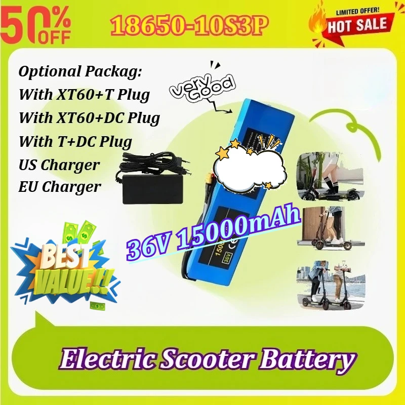 10S3P 36V 15Ah 18650 Li-ion Battery Pack with BMS Board for Electric Bicycle Scooter E-Bike Motorcycle Includes 42V 2A Charger