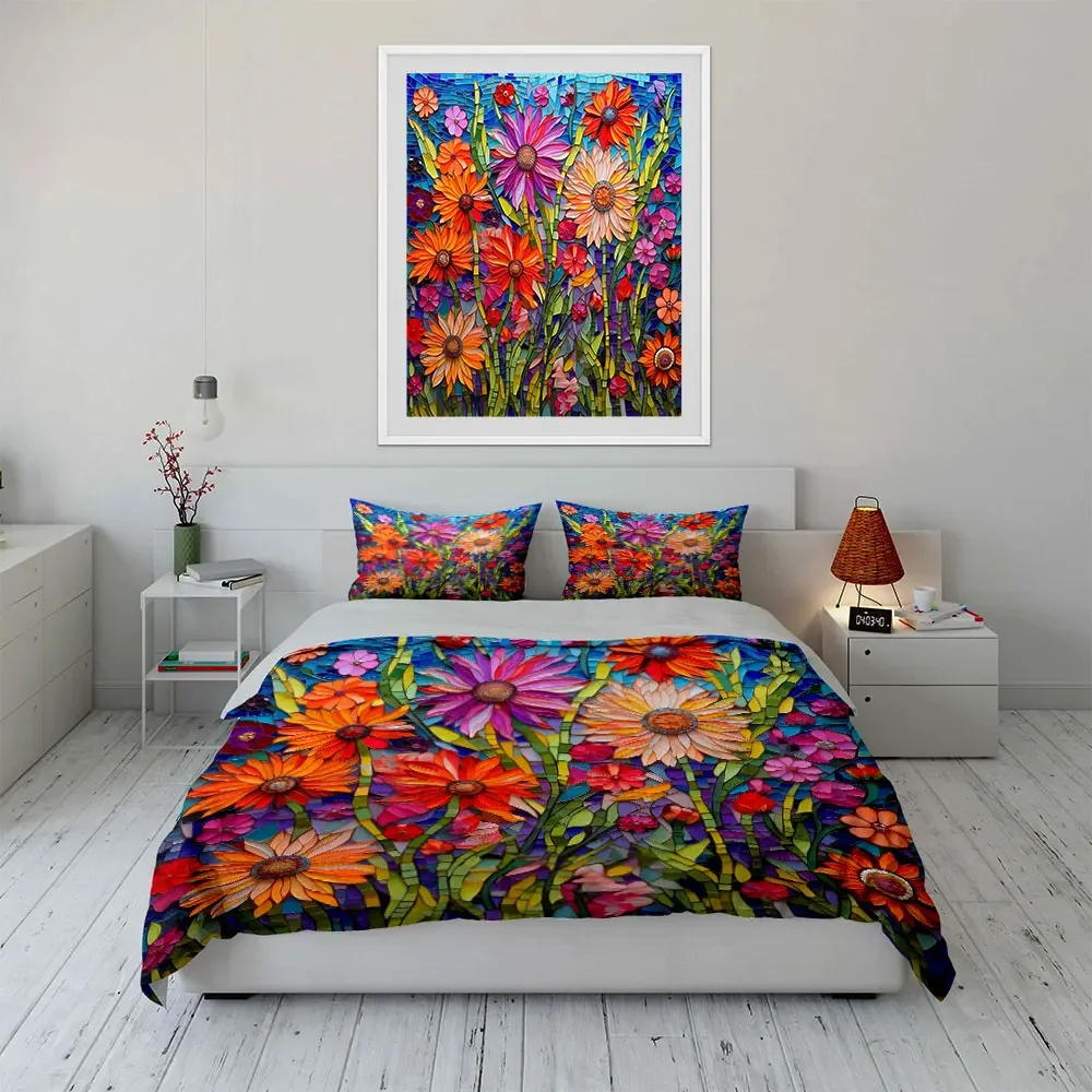 

Colorful Floral Mosaic Set Wall Decor Multiple sizes kid's and adults' bedroom Exquisite 3PC bedding set, gift