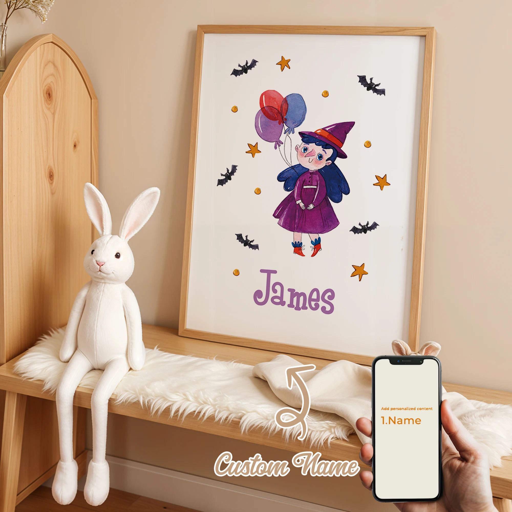 1pcs Personalized Custom Name Cute Cartoon Witch Dress Up Wall Art Print Picture For Halloween Living Room Kids Home Decor Gift