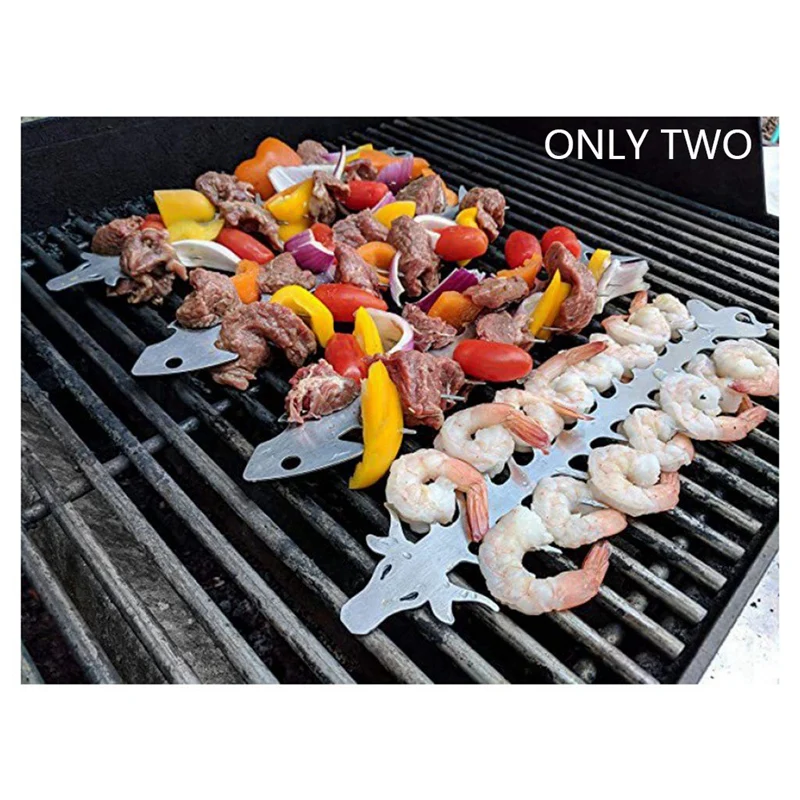 Espetos De Camarão De Aço Inoxidável, Ferramentas De Prata, Acessório BBQ, 2Pcs