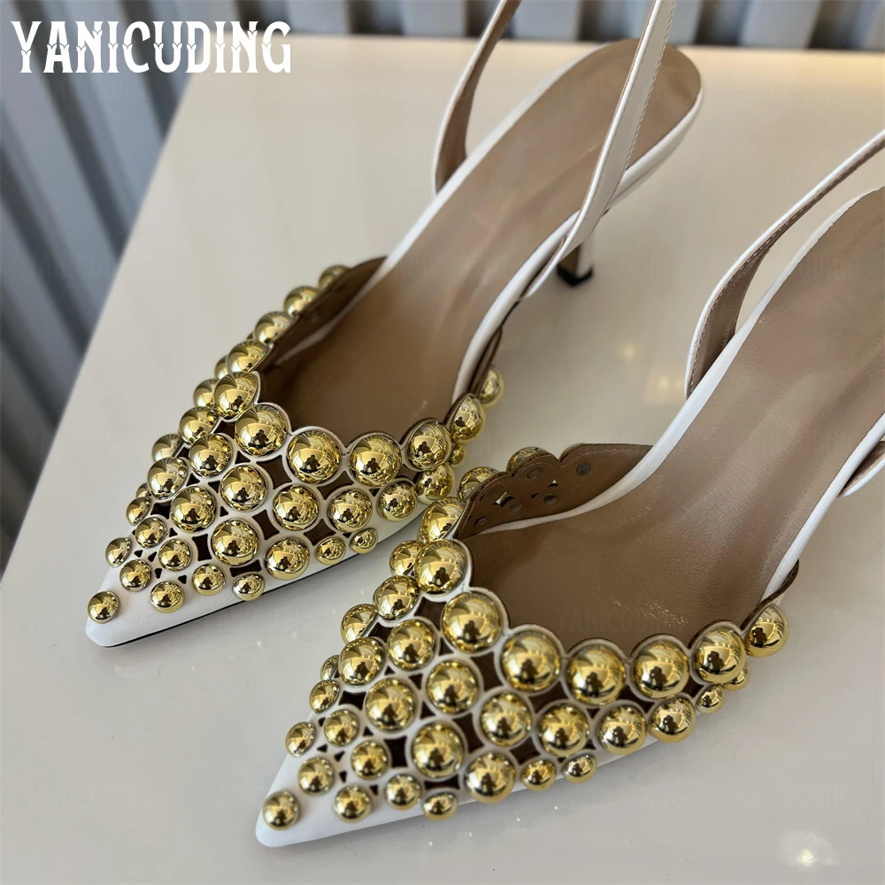 Metallic Beaded Hollow Pumps Back Buckle Pointed Stilettos Customizable Multicolor Leather High Heels for Women Handmade Pumps