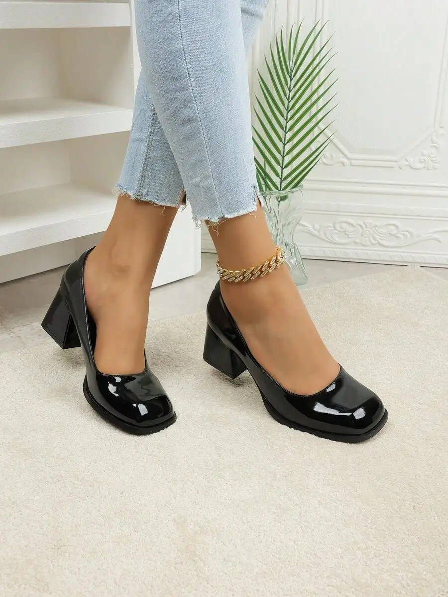 

French Retro Square Toe Mary Jane Shoes, Solid Leather Chunky Heel Pumps for Women Spring