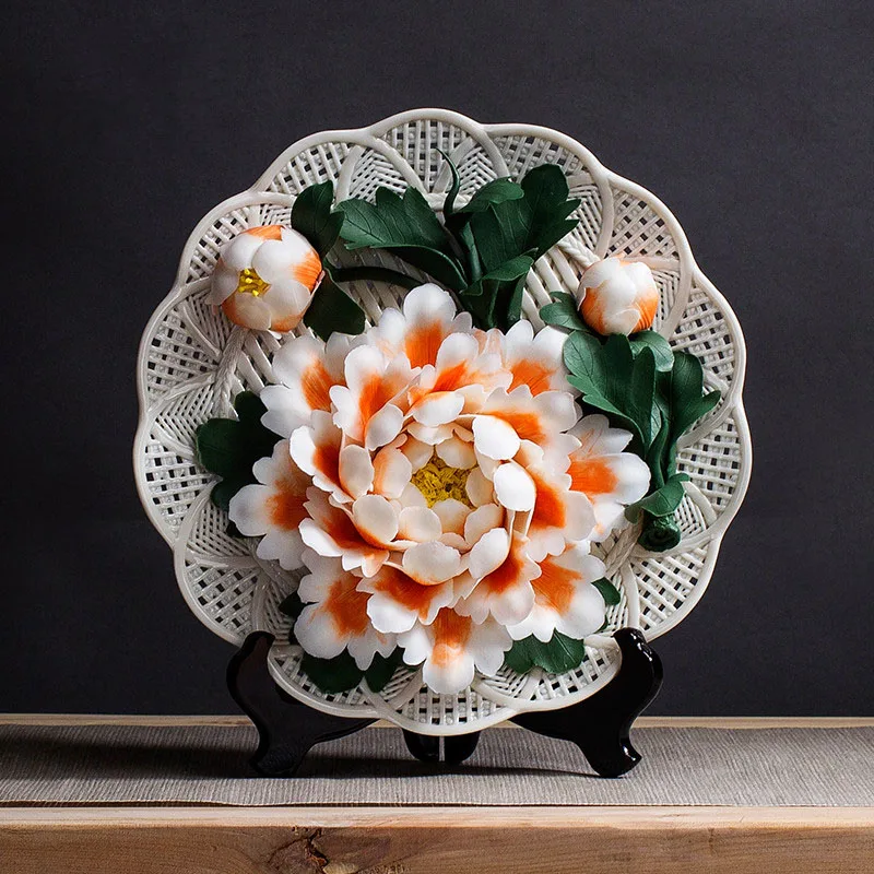 

Pure Handmade HomeDecor Ceramic Art Hanging Plate Peony Flower Plate Chinese Craft Gift Creative LivingRoom Decoration Ornaments