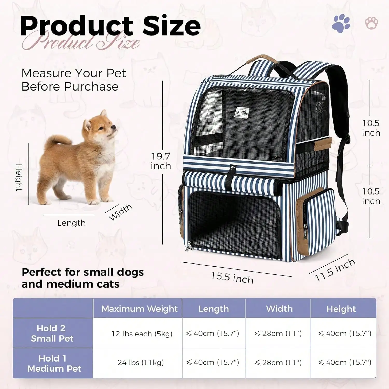 Blue Striped Double Cat Backpack Carrier Double-Compartment Pet Backpack For 2 Small Cats / 1 Medium Cat Fits Up To 24 Lbs