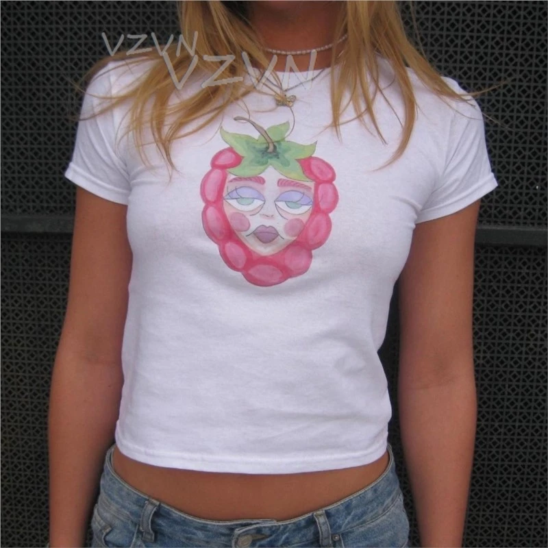 

2000s Doll pattern T-Shirt Summer Vintage Gothic Crop Tops Pink Y2K Retro Streetwear Grunge Short Sleeve Baby tee