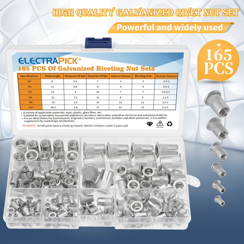 혼합 크기 리벳 너트 세트, 알루미늄 플랫 헤드 리벳 너트, 플라스틱 상자 삽입 리벳, M3 M4 M5 M6 M8 M10, 165 개