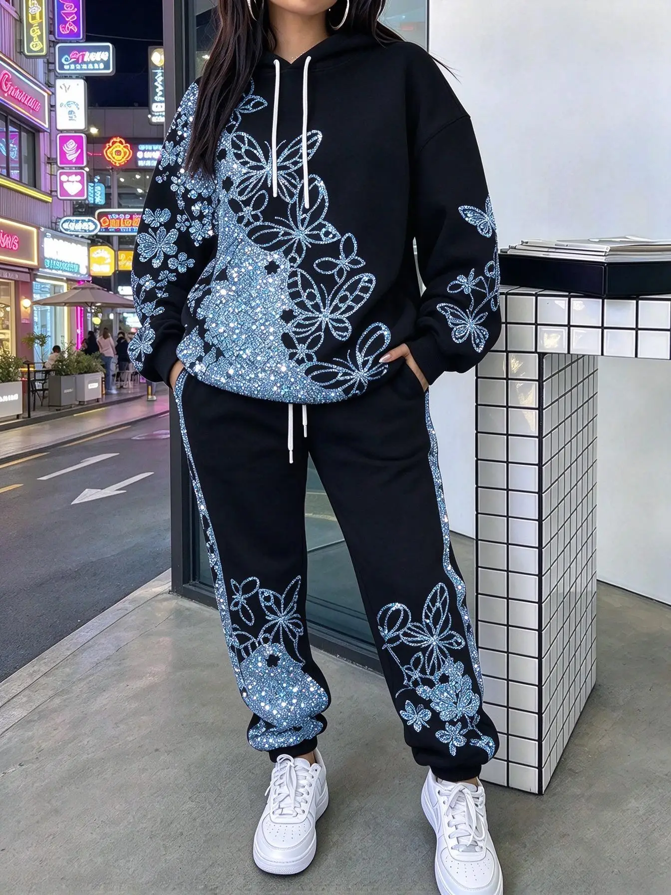 Women Butterfly Faux Rhinestone Print Hooded Tracksuit, Hoodie & Cuffed Jogger Pants 2 Piece Outfit