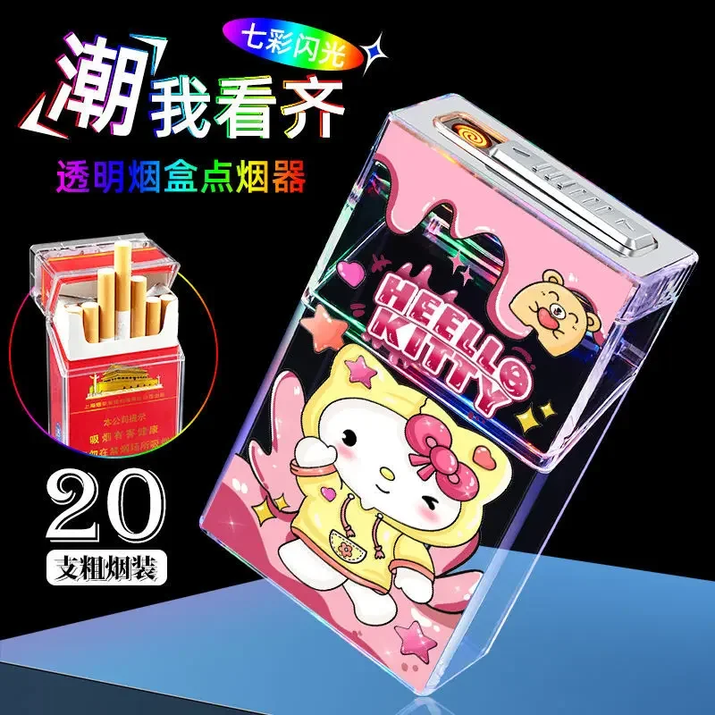 

Lovely Transparent Cigarette Case Dual-Use Type-C Rechargeable USB Lighter Kuromi Cartoon Flameless Case Lighters Birthday Gift