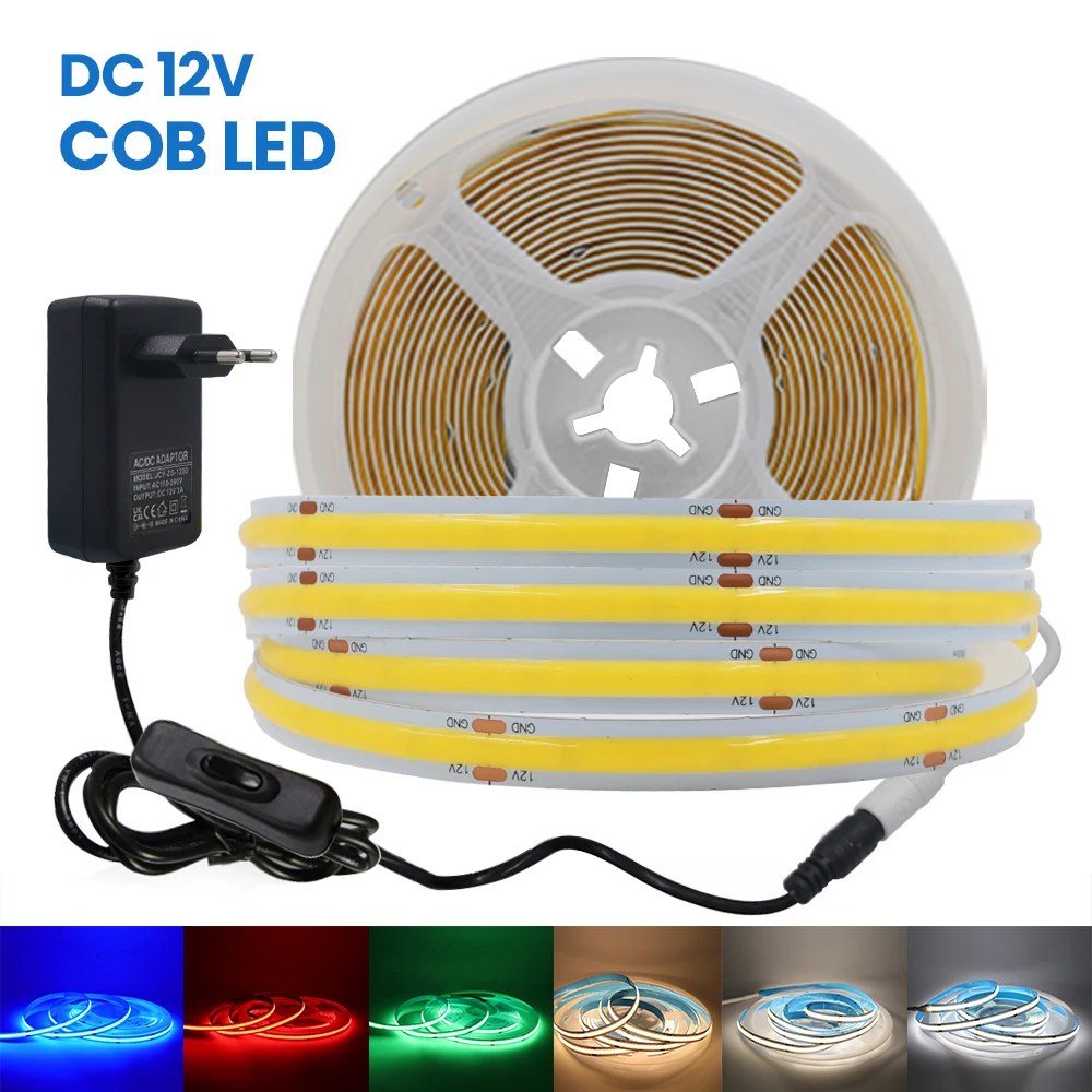 

12V COB Led Strip With Switch Power Supply 320LEDs/M RA90 Flexible LED Tape Ribbon FOB Light White/Warm White/Red/Blue/Green