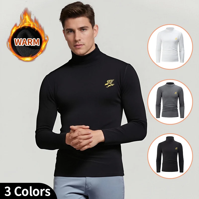 2/3pcs Men's Autumn And Winter Brushed Warm High Neck Top Casual And Fashionable Eagle Logo Long Sleeved T-shirt Youth Base Coat