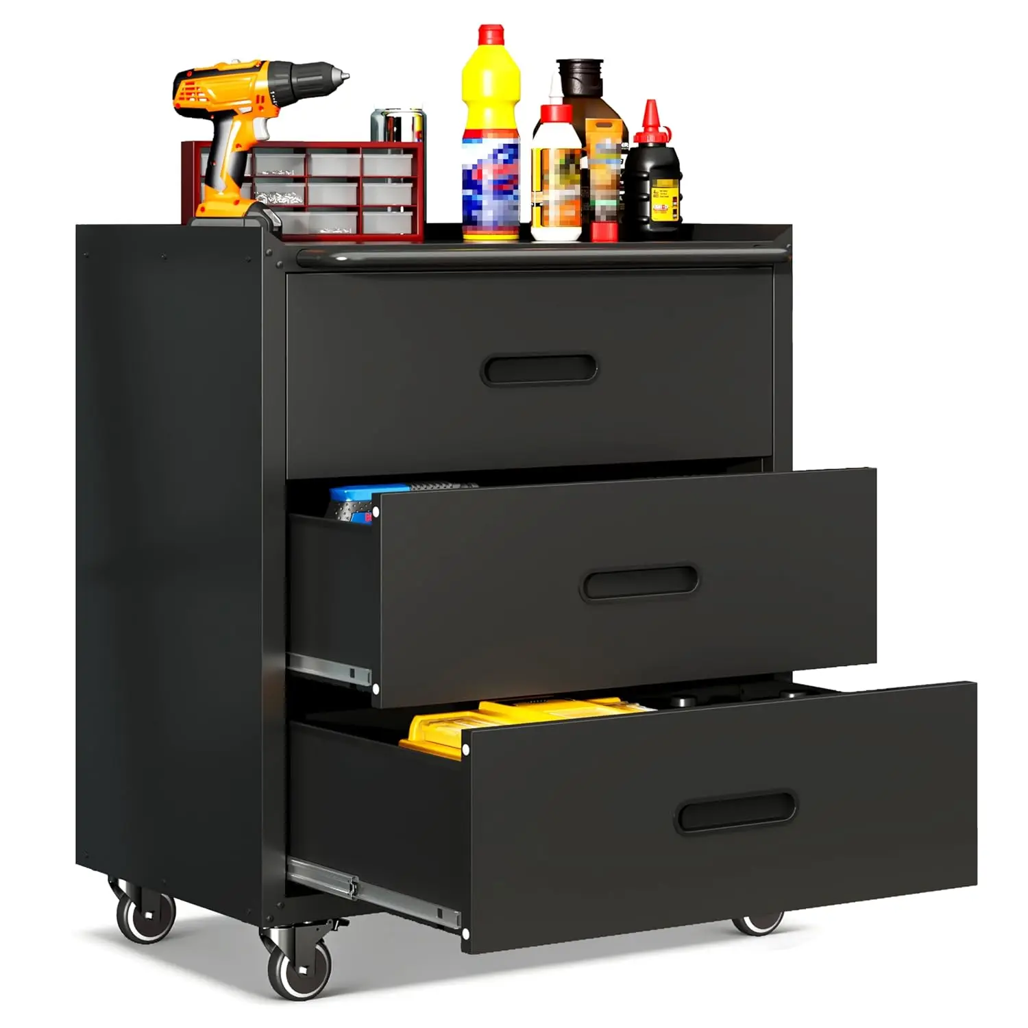 new Garage Cabinets,Metal Garage Storage Cabinet with Wheels,Black Lockable Rolling Tool Cabinet with Drawer, Customized