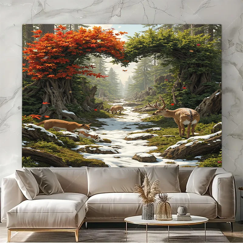 1pc Wall Tapestry Autumn Forest Deer Scene Wall Tapestry - Nature Wildlife Art Decor