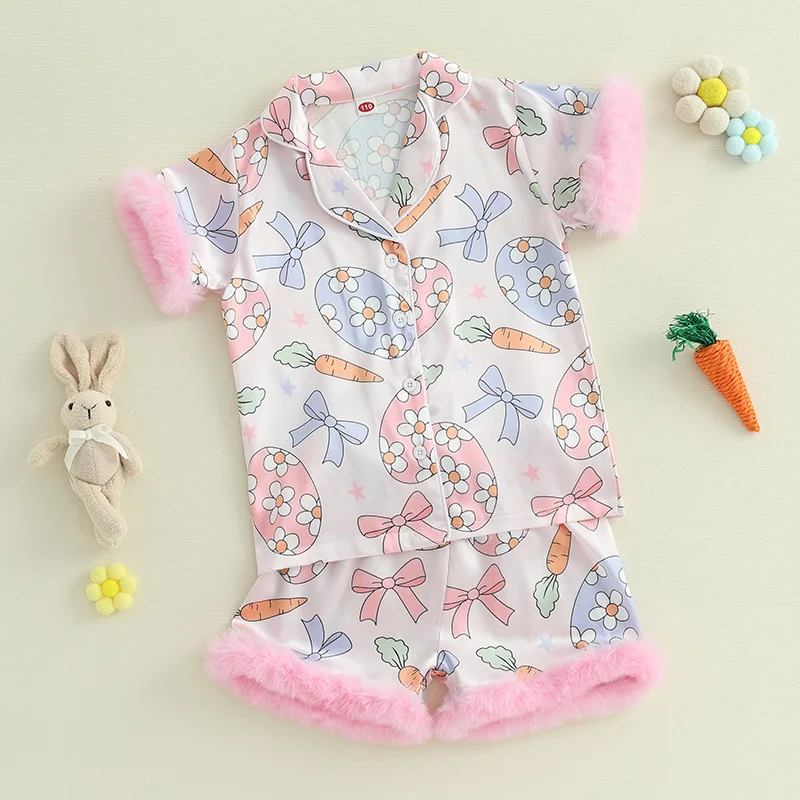 

Kids Girls Pajamas Set Easter Eggs Carrot Print Short Sleeve Shirts Tops Elastic Waist Shorts 2 Pieces Lounge Suit