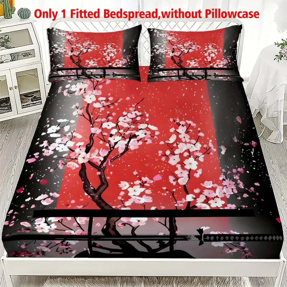 1pc Japanese Cherry Blossom Red Print Fitted Sheet Deep Pocket Elastic Mattress Cover Single Double Queen King Bedroom Decor