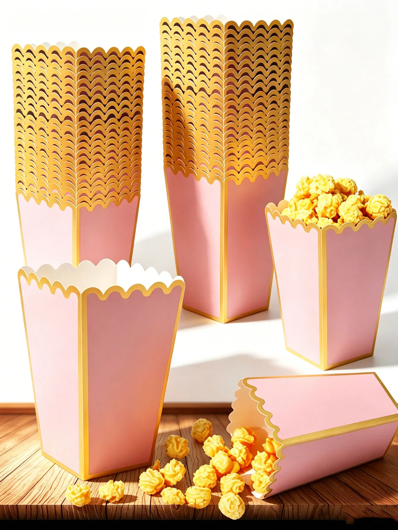 12-100PCS/Pink Gold Scalloped Popcorn Boxes, Disposable Paper Snack Treat Containers for Wedding & Birthday Party