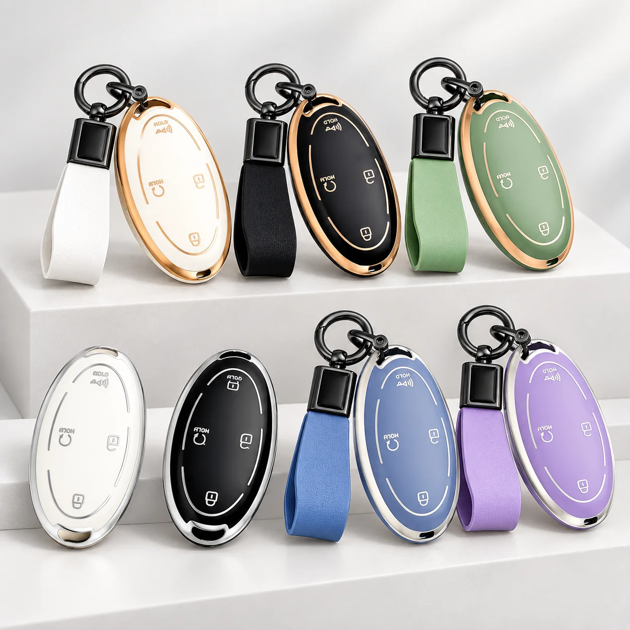 Soft TPU Car Key Fob Cover for Hyundai Oval Smart Key Protective Case 5 Buttons with Keychain Strap Gold Silver Trim Accessories