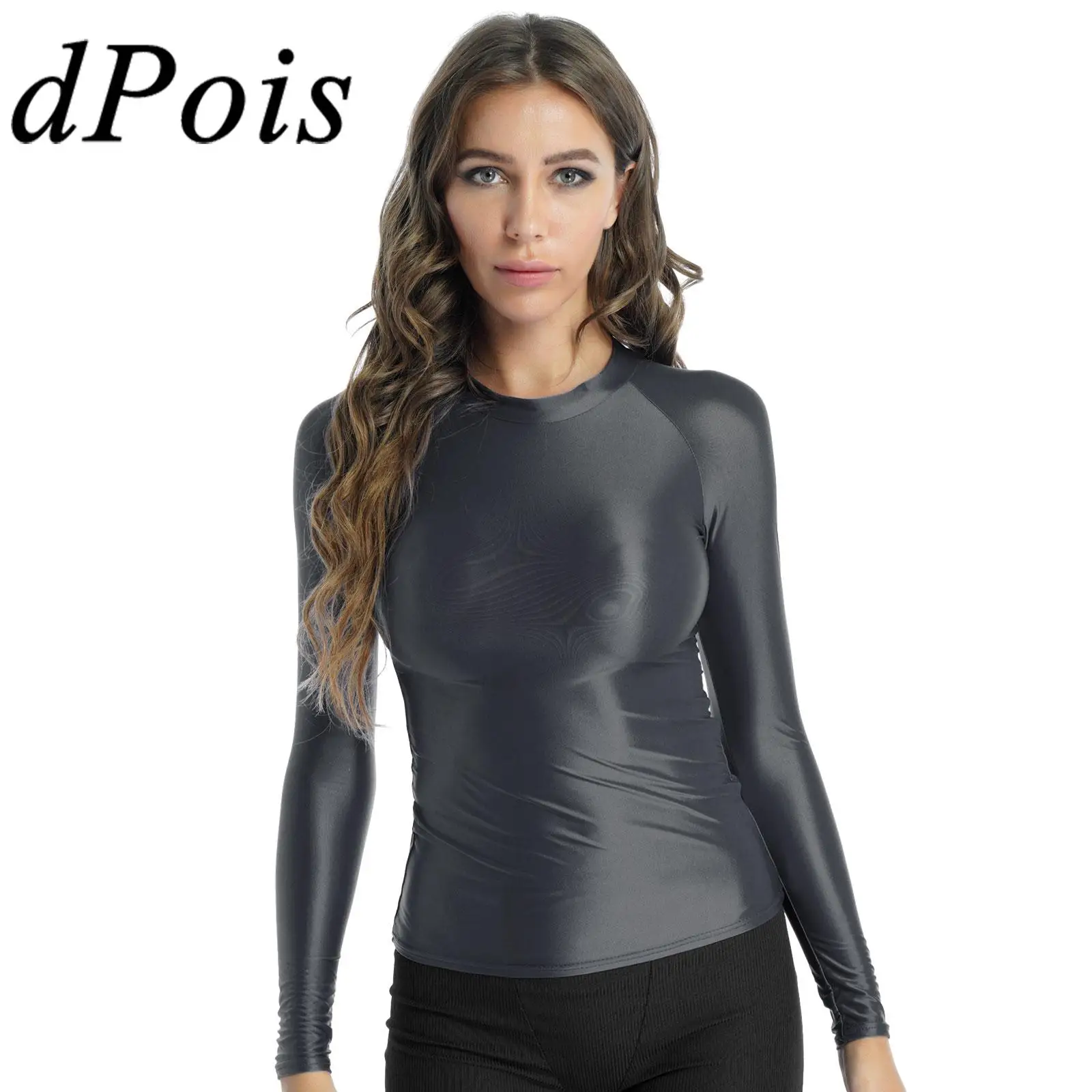 

Women Metallic T-shirts Shiny Long Sleeve Tights Tee Glossy Disco Tops Slim TShirt for Rave Party Dance Wear Yoga Sportwear