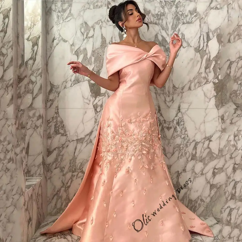 

customized Luxury Satin Prom Dress Off The Shoulder V Neck Beading Sweep Train Robe De Soiree Saudi Arab Evening Dresses Pageant