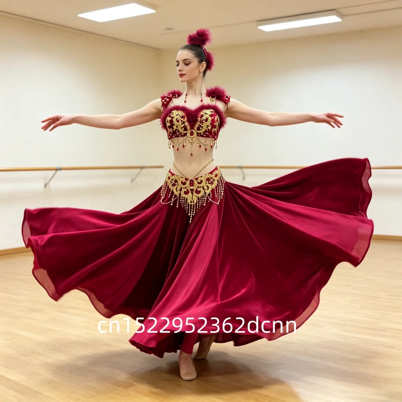 Customized Senior BellyDance Outfit AB Stones Bra And Sexy Fishtail Long Skirt 2pcs Set for Oriental Dance Competition