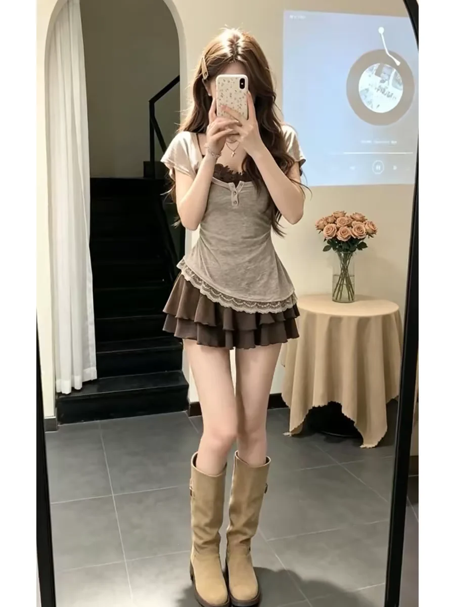 Summer Ice Silk Cover up Short Skirt Set Women's Fashion Slimming Waist Design Hot Girl Short Sleeve V-Neck Shirt And  Sk...