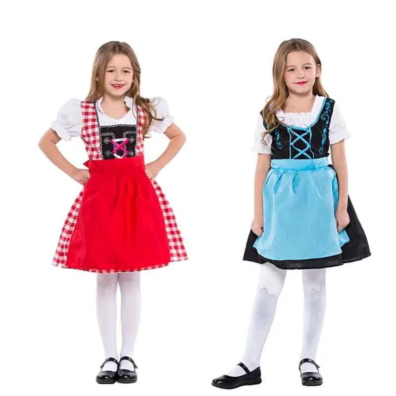 

Carnival Halloween Party Oktoberfest Costume Cosplay Outfit Kids Girls Bavarian Dirndl Peasant Lacing Up Apron Cotton Dress