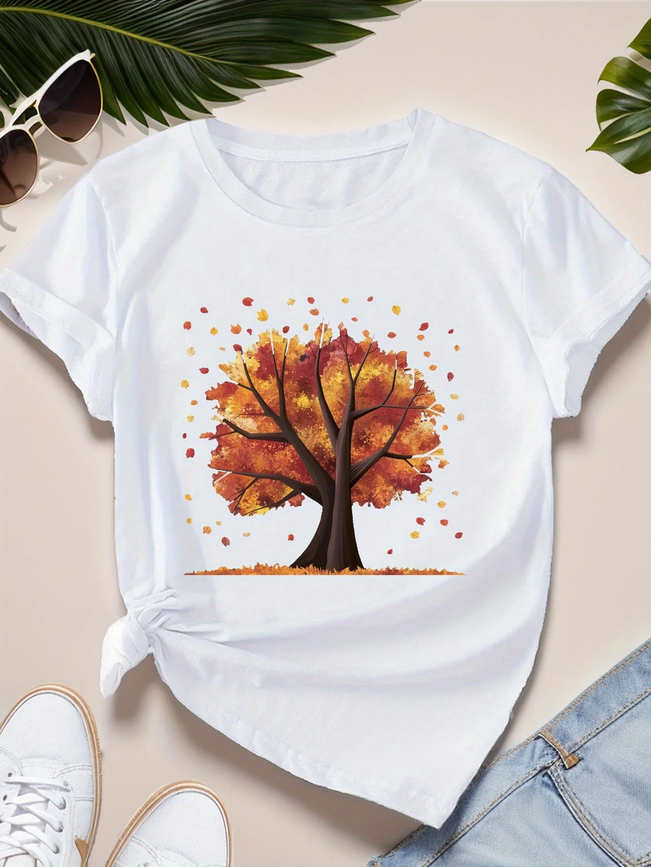 Women's Short Sleeved Round Neck T-shirt Autumn Maple Leaf Print Summer Women's Round Neck Short Sleeved Casual Top Clothing