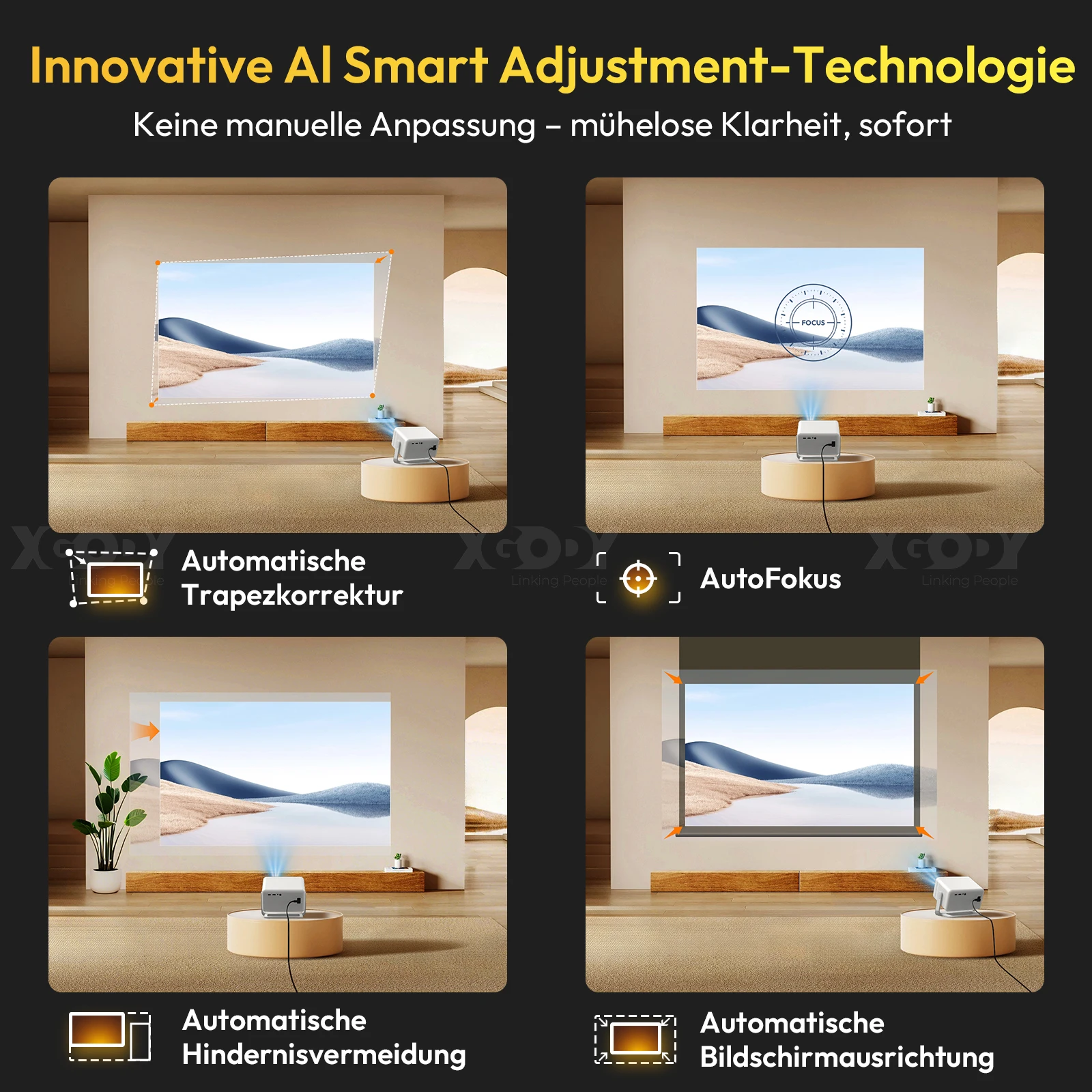 XGODY Projector Native 1080P 650ANSI 4K Android11 Projectors with automatic keystone correction Auto focus Wifi6 BT5.2 Portable