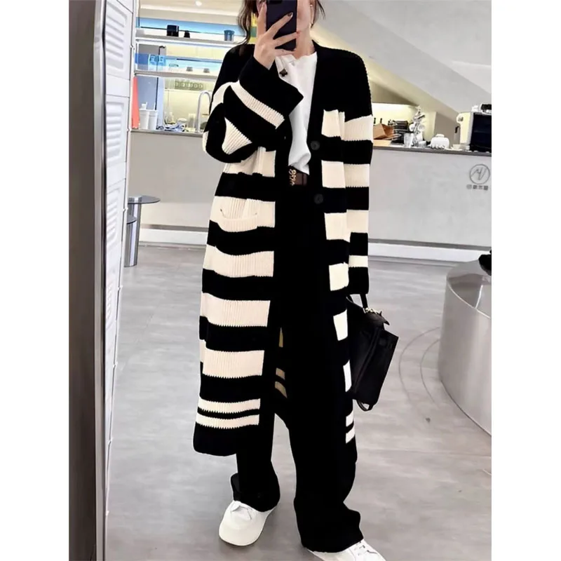 Black And White Stripe Over The Knee Long Sweater Coat Female Autumn And Winter New Korean Version Loose Casual Knitted Cardigan