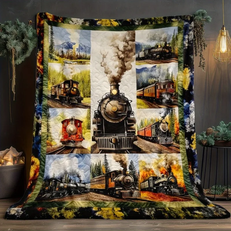 1pc Vintage Steam Train Throw Blanket - Locomotive & Railway Tracks Design with Lush Green Hills & -Timer Train Engines