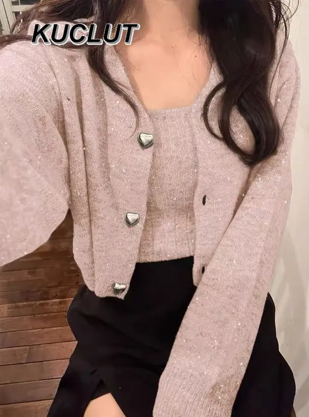 الخريف الشتاء النمط الياباني لامعة قصيرة حبال و محبوك بروتيل سترة قطعتين مجموعات للنساء لطيف الحلو الخريف الشتاء