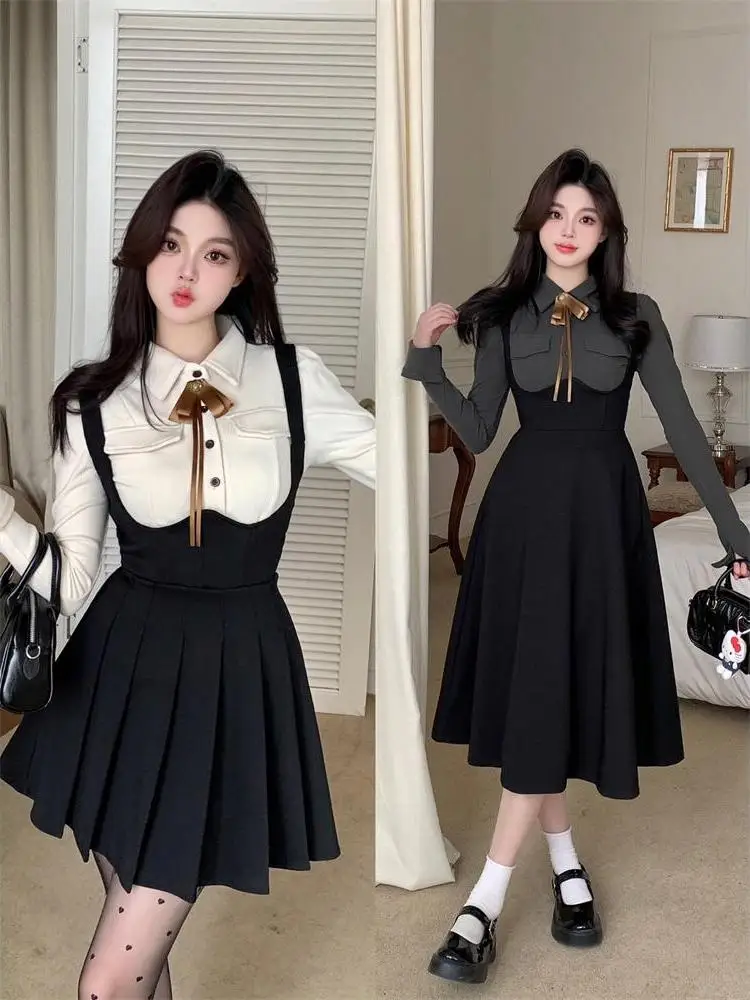 Autunno New Sle College Campus Dr Set da donna plus Size Fat MM Long Sve Netie irt + Salopette Gonna Faionable Ensemble
