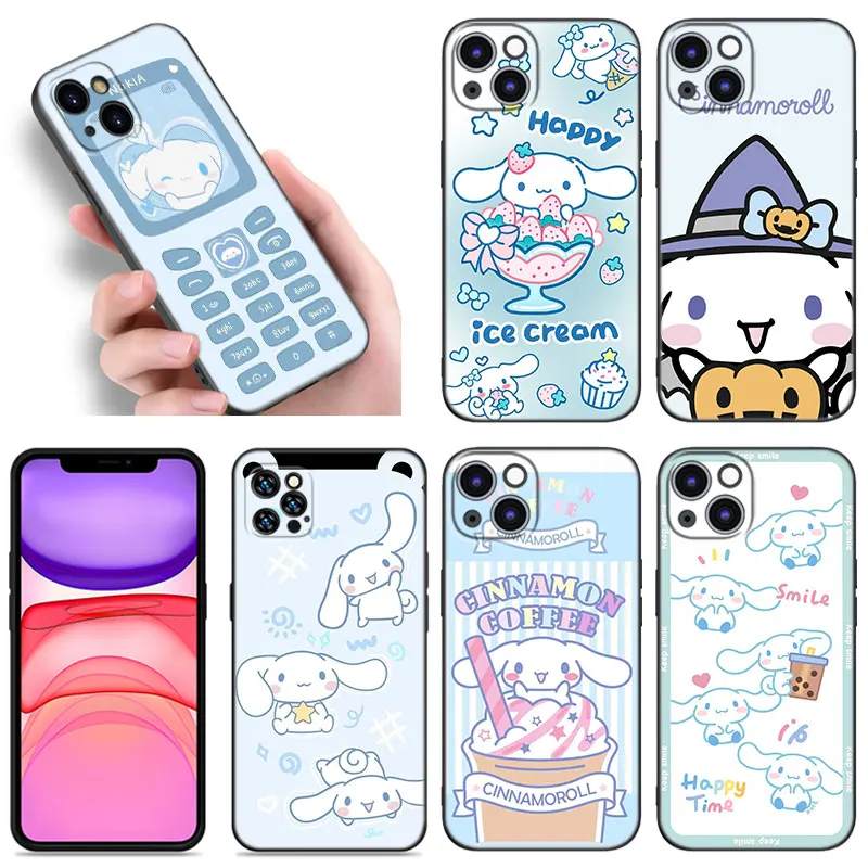 Kawaii Cinnamoroll Phone Case For Apple iPhone 12 13 Mini 11 14 15 Pro Max 7 8 Plus X XR XS SE 2020 2022 Black Silicone Case