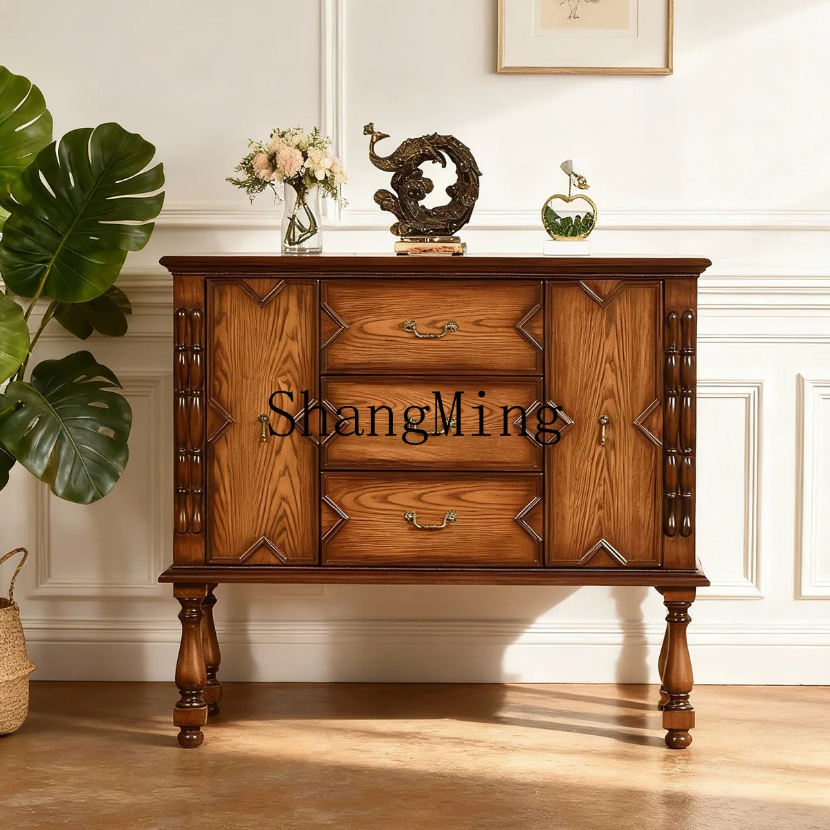 SM Country Living Room Solid Wood Sideboard Entrance Partition Entrance Cabinet Two Door Three Drawer Locker