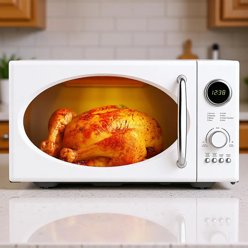 

0,9 куб. м. Ретро-микроволновая печь с грилем 1000 Вт, конвекцией 800 Вт, LED-дисплеем, 5 уровнями мощности, 8 автоматическими программами, стеклянным вращающимся поддоном, функцией охлаждения