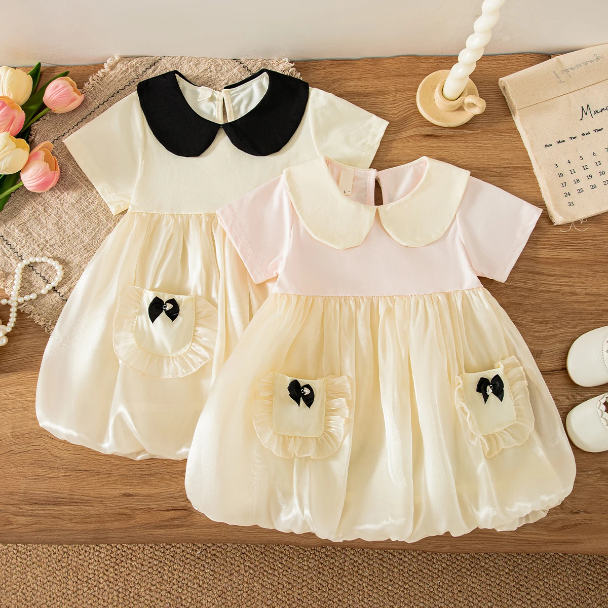 New Summer Little Girl Princess Dress Doll Collar Short Sleeved Dress with Pocket Elegant Outfit for Evening Banquet