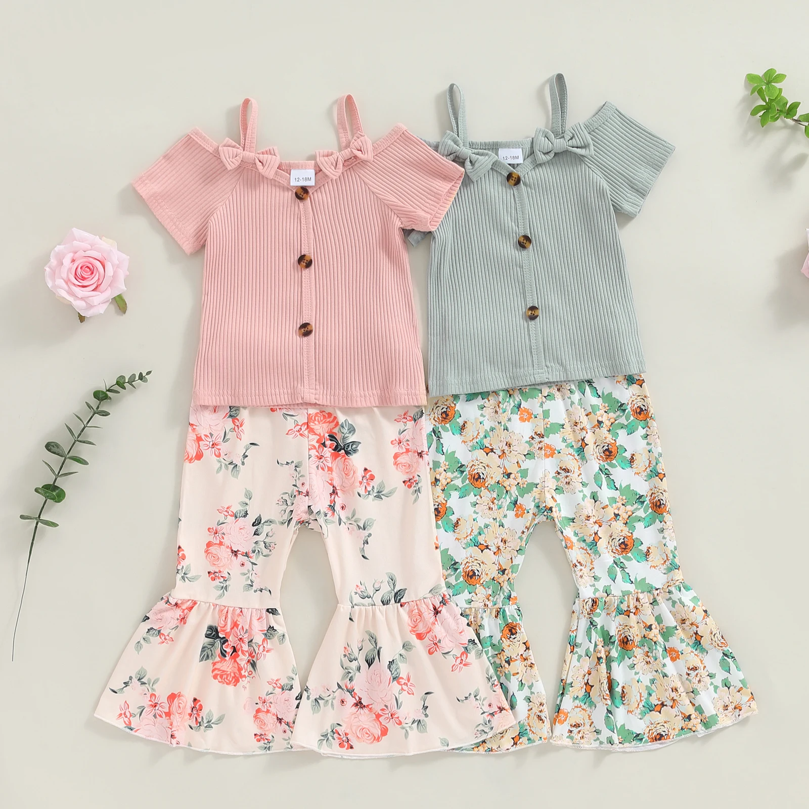 

2 Piece Little Girls Summer Outfits Bow Cold Shoulder Short Sleeve Ribbed Tops Flower Print Flare Pants Toddler Casual Clothes