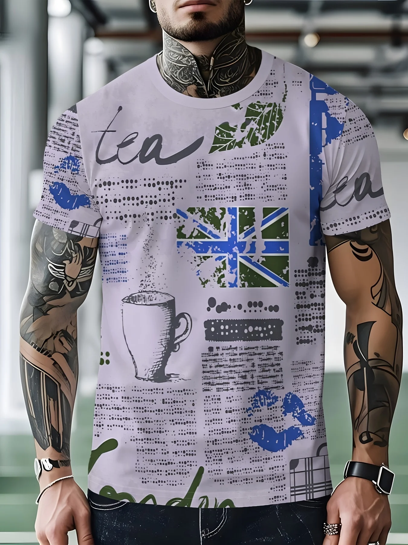 Men Vintage Newspaper Tea Cup UK Flag Print Crew Neck T-shirt Summer Short Sleeve Casual Streetwear Top