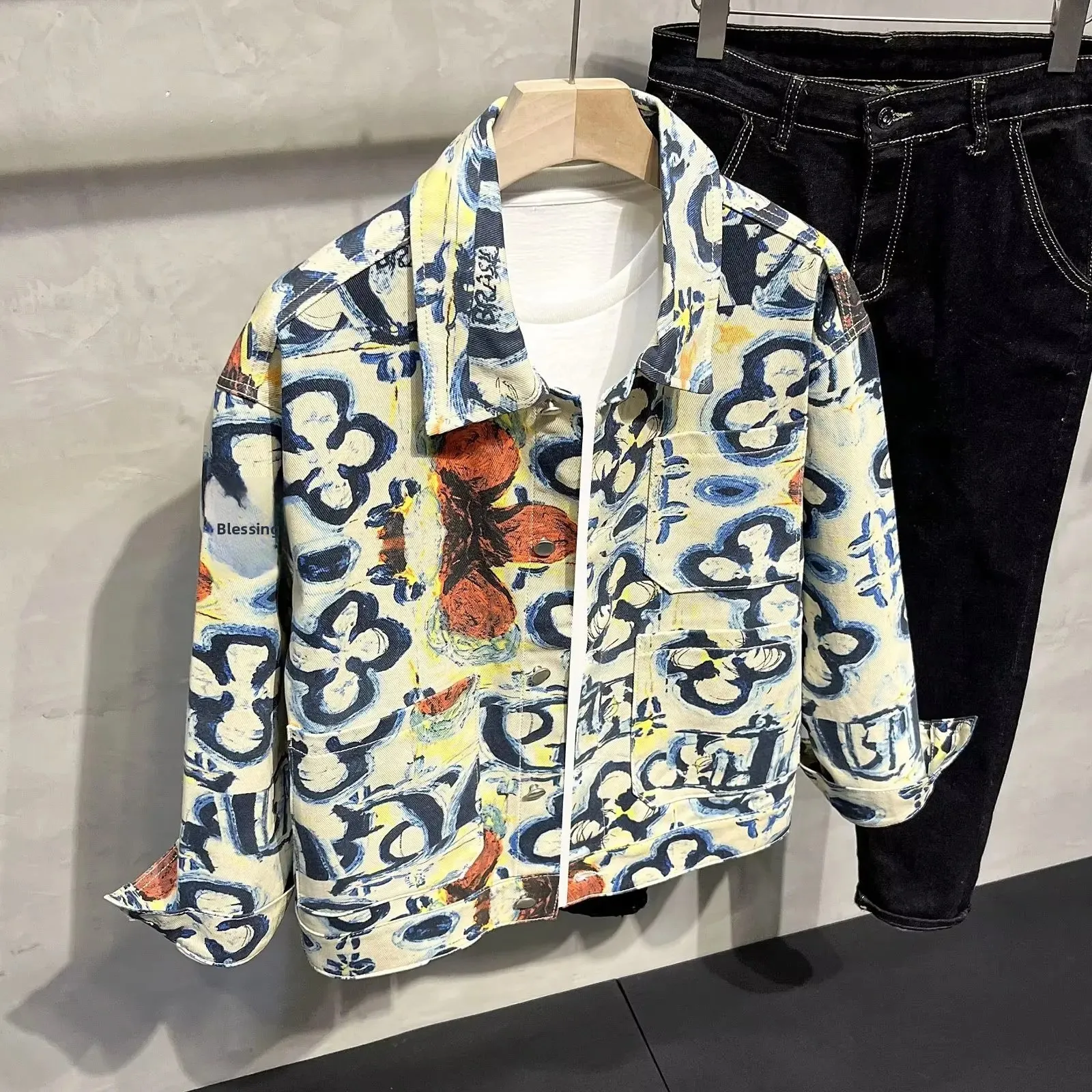 Frühling Herbst Volle Druck Jacke männer Koreanischen Stil Lose Modische Kragen Trendy männer Oberbekleidung Slim Fit Sommer Dünne