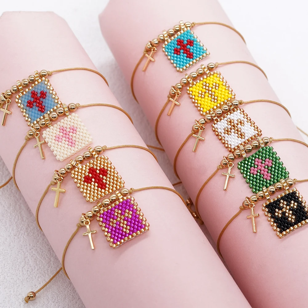 1PC Mother's Day Woven Jewelry 2024 New Design Healing Miyuki Braided Cross Pendant Bead Bracelets for Women Gifts for Mom