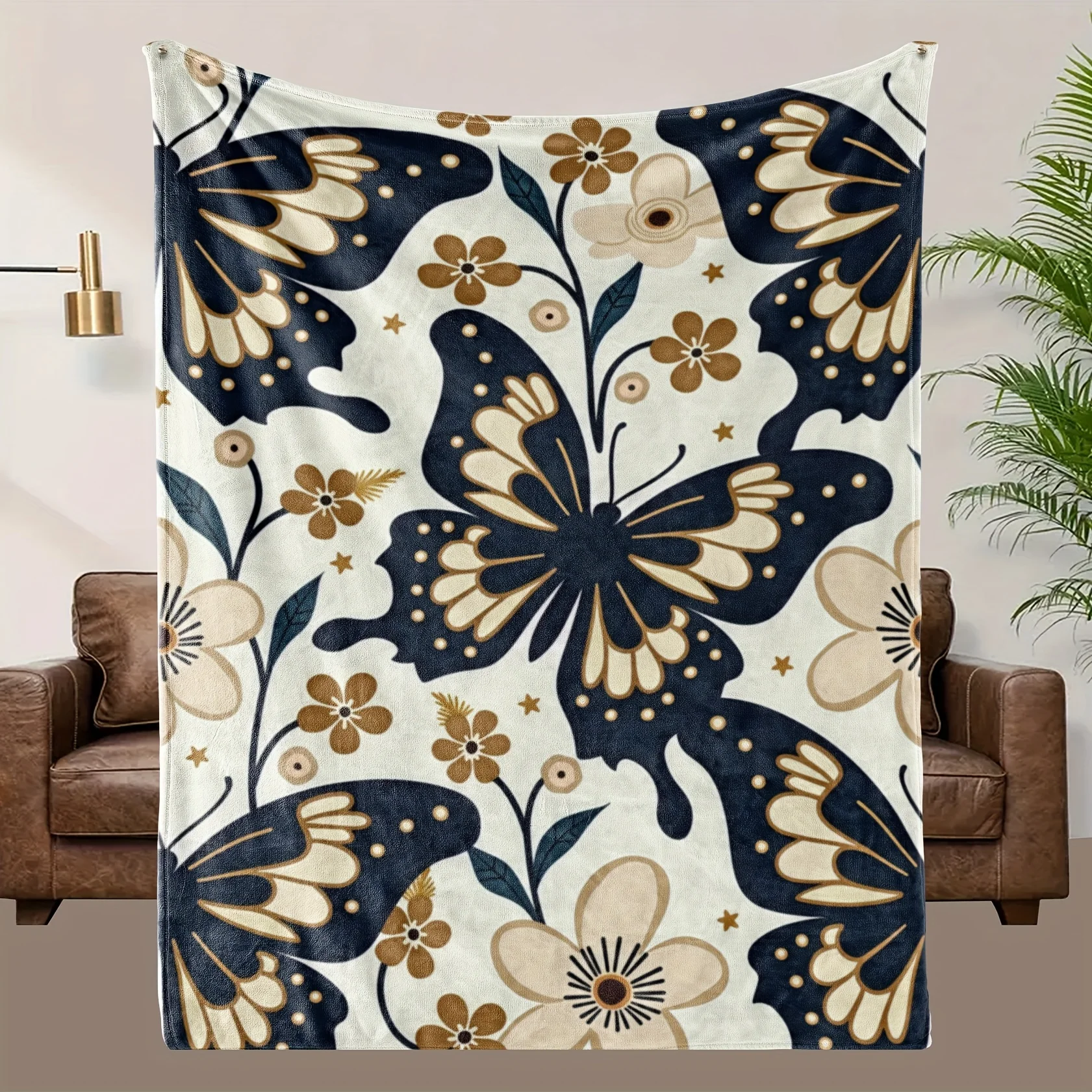 

Плед с синим цветочным и бабочковым узором, машинная стирка, из полиэстера, подходит для декора спальни и гостиной.