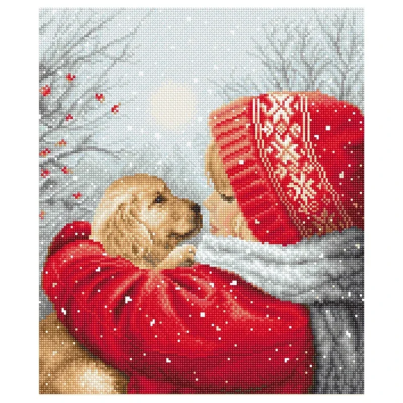 Amishop Gold Collection Counted Cross Stitch Kit Christmas Hugs Good Friends Embrace Girl And Dog LETI L8019 Needlework DIY