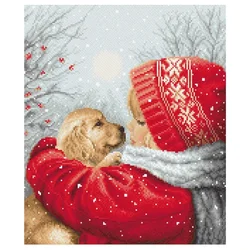 Amishop Gold Collection Counted Cross Stitch Kit Christmas Hugs Good Friends Embrace Girl And Dog LETI L8019 Needlework DIY