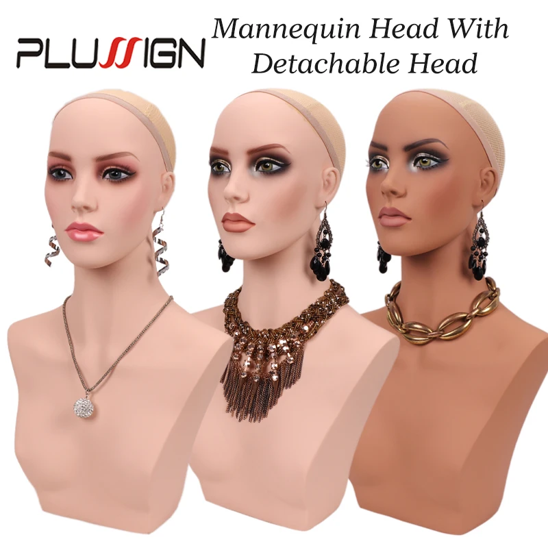 Plussign manekin setengah badan Premium Pvc dengan dudukan kepala Wig rias realistis kepala dapat dilepas untuk menampilkan Wig, topi, perhiasan