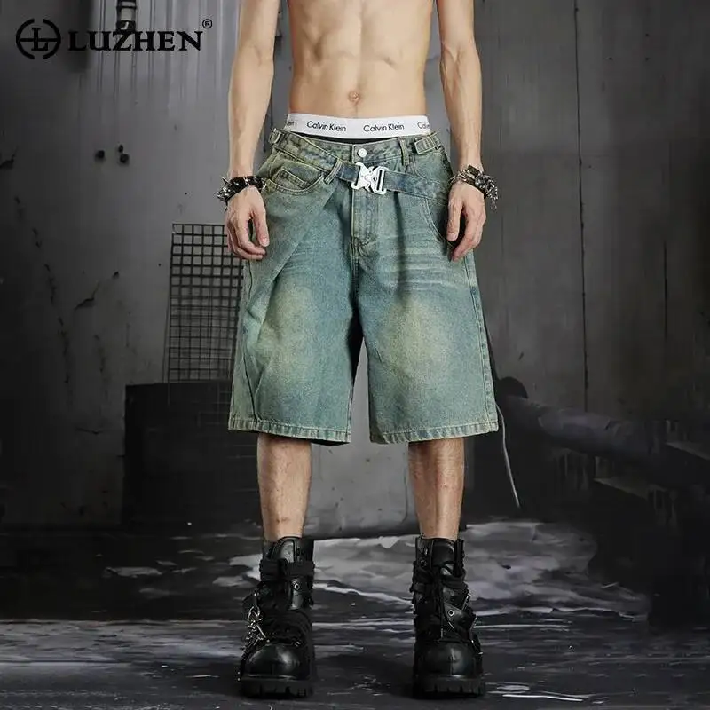 LUZHEN 2026 Summer Original Metal Buckle Splicing Design Vintage Straight Denim Five-pointed Pants Men's Casual Shorts JY7661