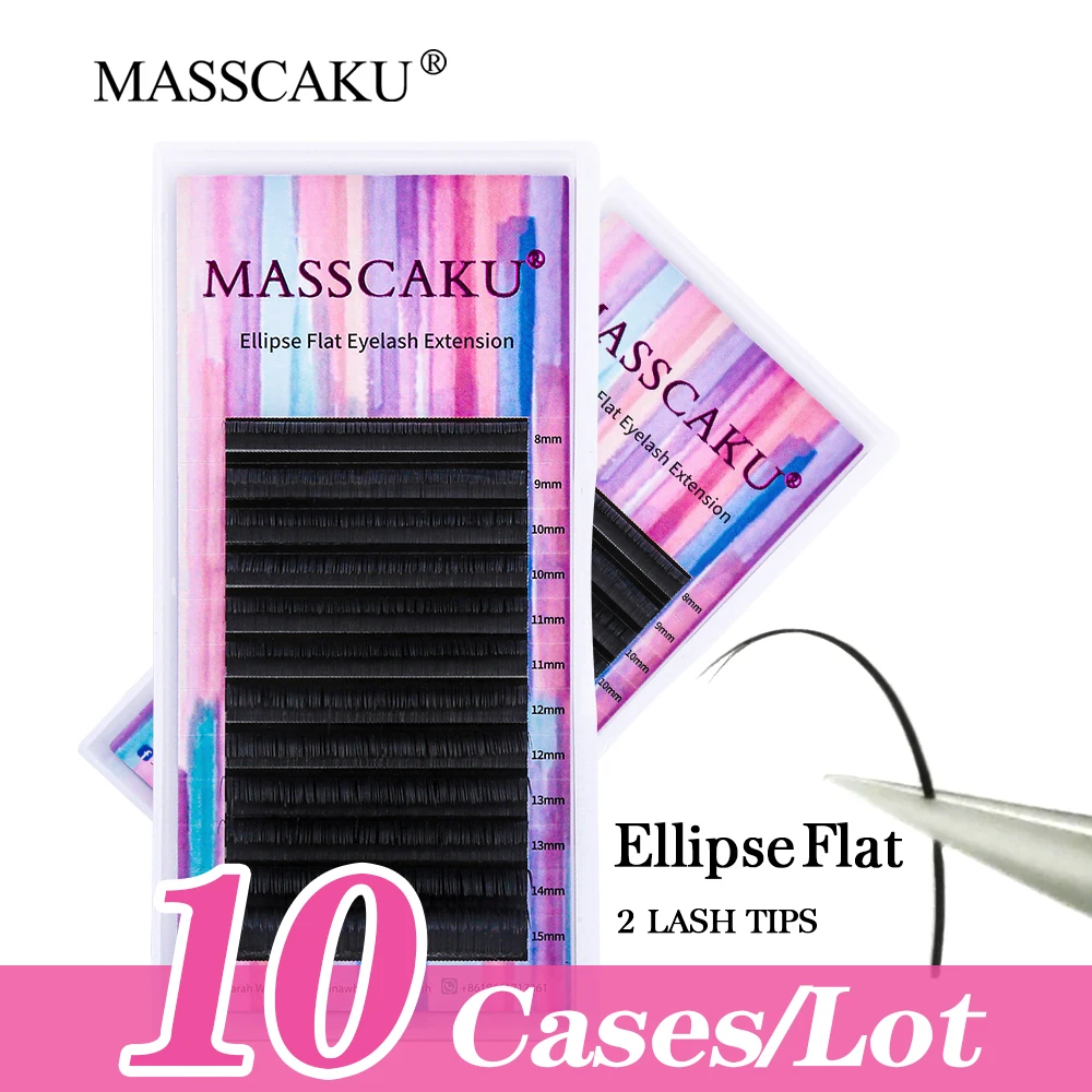 

10cases/lot MASSCAKU Ellipse Flat Soft Double Split Tips Shaped C/D Curl 8-18mm&mix Matte Lashes Faux Mink Eyelashes Extension