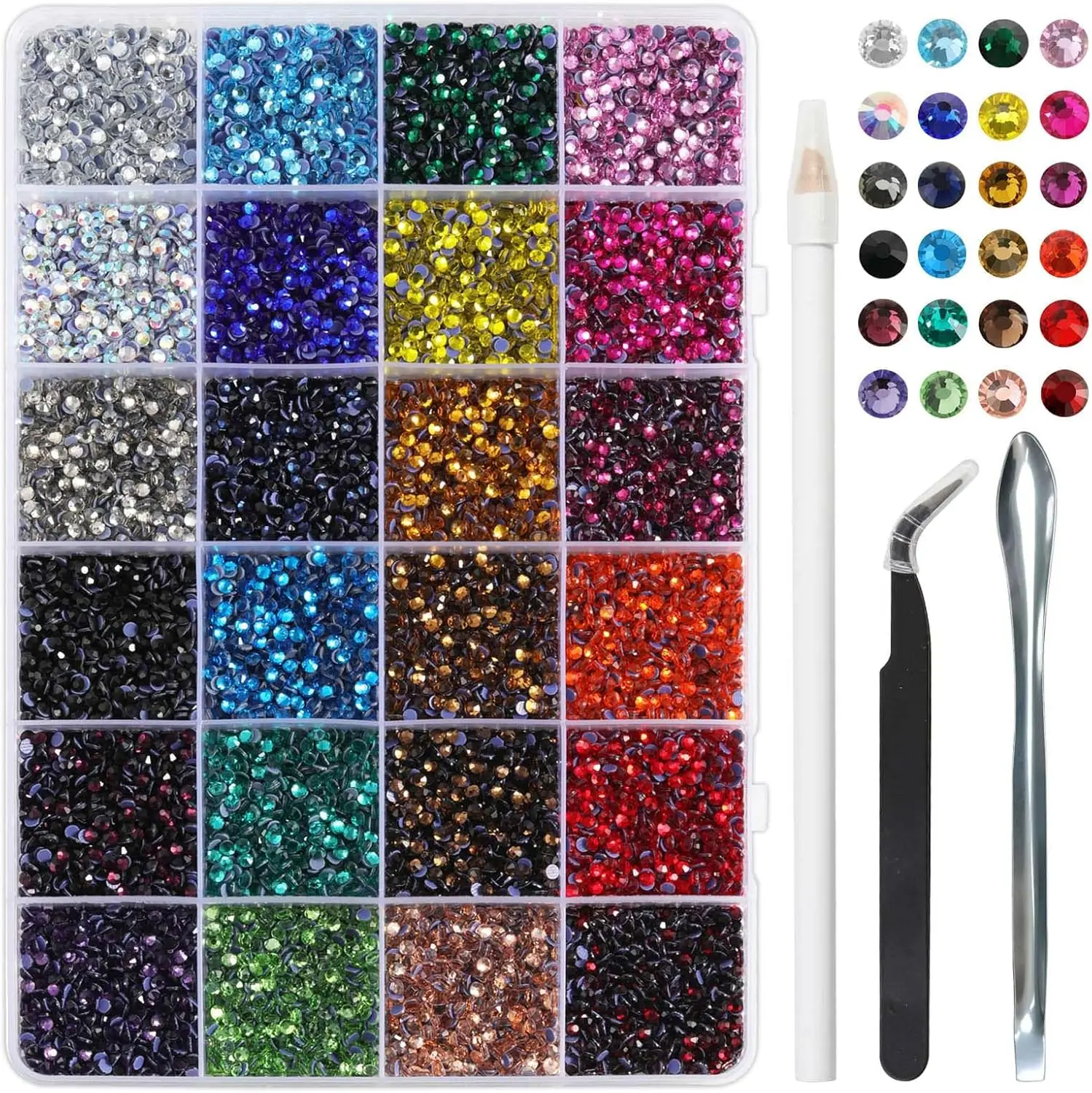 

Hotfix Rhinestones Mixed 24 Colors, SS10 Crystals for Crafts Clothes with Tweezers, Wax Pencil & Spoon